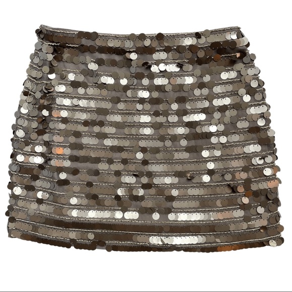 BCBG Gold Sequin Embellished Brown Mini Skirt - Picture 3 of 8
